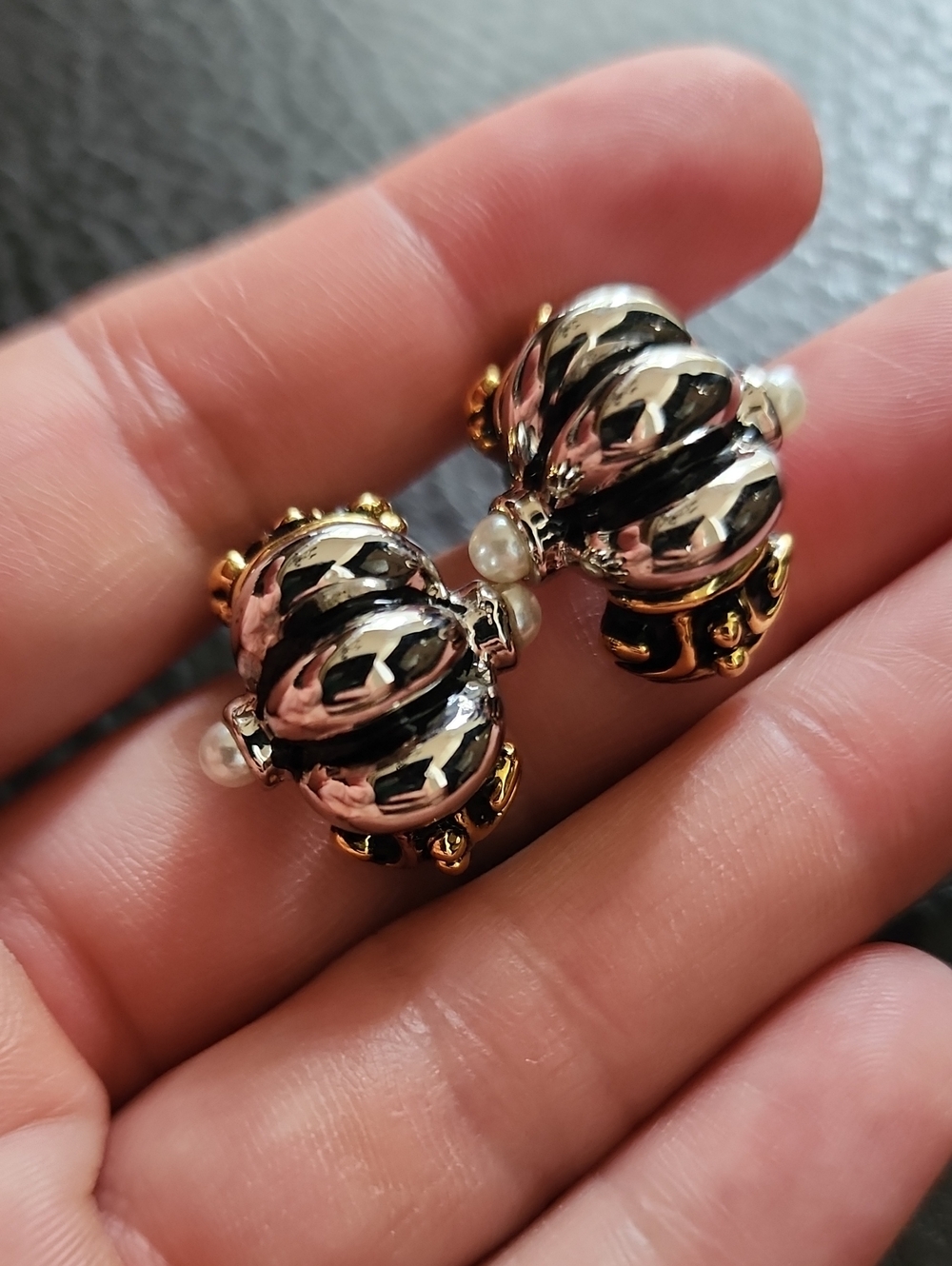 Elegant Two-Tone Pearl Accent Clip-On Earrings - Silver & Gold